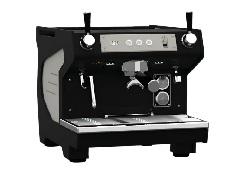 Black and silver espresso machine on a white background