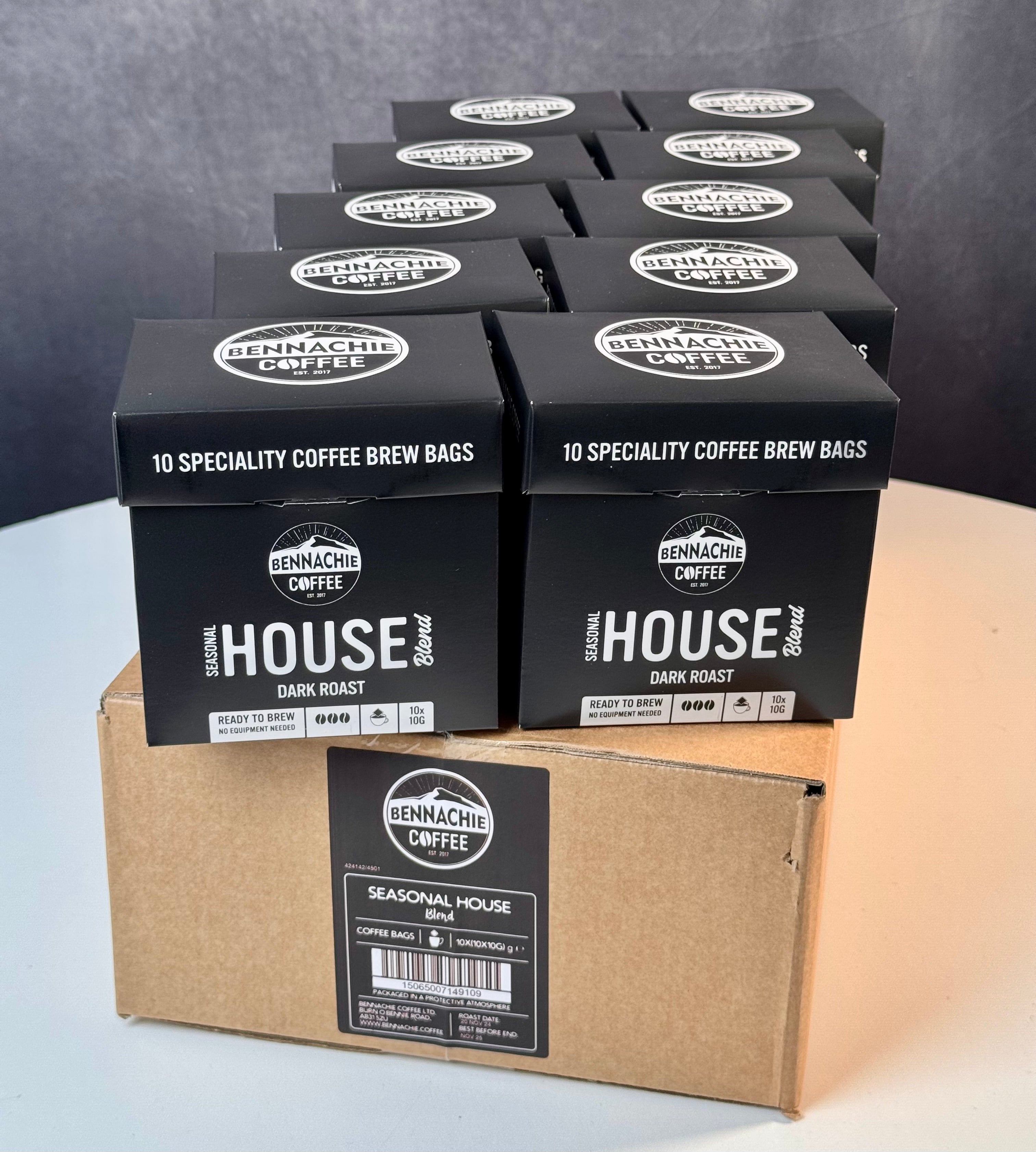 10 x 10g Biodegradable Coffee Brew Bag - Seasonal House Blend (Case, 10 single boxes) - Bennachie Coffee